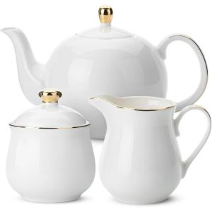 imageBTaT 3 Piece Tea Set Creamer and Sugar and Teapot Set White Cream and Sugar Bowl and Creamer Set White Teapot Porcelain Teapot Milk and Sugar Serving Set Porcelain Tea Pot Ceramic Teapot