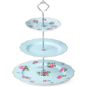 imageBTaT Floral 3 Tier Cake Stand Porcelain Pastel Pink with Pink Roses ampamp Gold Trim 3 Tiered Dessert Stand for Cookies Cupcakes ampamp FruitsBlue