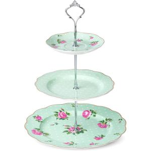 imageBTaT Floral 3 Tier Cake Stand Porcelain Pastel Pink with Pink Roses ampamp Gold Trim 3 Tiered Dessert Stand for Cookies Cupcakes ampamp FruitsGreen