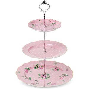 imageBTaT Floral 3 Tier Cake Stand Porcelain Pastel Pink with Pink Roses ampamp Gold Trim 3 Tiered Dessert Stand for Cookies Cupcakes ampamp FruitsPink
