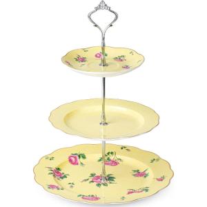 imageBTaT Floral 3 Tier Cake Stand Porcelain Pastel Pink with Pink Roses ampamp Gold Trim 3 Tiered Dessert Stand for Cookies Cupcakes ampamp FruitsYellow