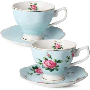 imageBTaT Floral Tea Cups and Saucers Set of 2 8oz with Gold Trim Coffee Cups Floral Tea Cup Set British Tea Cups Porcelain Tea SetBlue