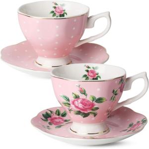 imageBTaT Floral Tea Cups and Saucers Set of 2 8oz with Gold Trim Coffee Cups Floral Tea Cup Set British Tea Cups Porcelain Tea SetPink