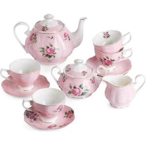 imageBTaT Floral Tea Sets for Adults 13 pcs Service for 4 Pot 38 oz ampamp Cups 8 oz with Saucers Pastel Pink Floral Design with Gift Box Porcelain Tea Set for Adult Dishwasher SafePink