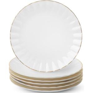 imageBTaT Porcelain Dinner Plates With Gold Trim 105 Inch Set of 6 White Plate Set Bulk8 inch