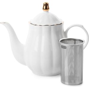 imageBTaT Porcelain Tea Pot with Stainless Steel Infuser 32 oz White Tea Pot with Gold Trim Teapot with Infuser Porcelain Teapot Tea Brewing Pot Teapots for Loose Tea