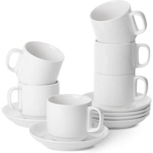 imageBTaT Stackable Tea Cups and Saucers White Set of 6 8 oz Cappuccino Cups Coffee Cups White Tea Cup Set British Coffee Cups Porcelain Tea Set Latte Cups