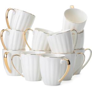 imageBrew To A Tea  White Porcelain Coffee Mugs with Gold Rim Set of 12 12oz Modern Wedding MugsSet of 12