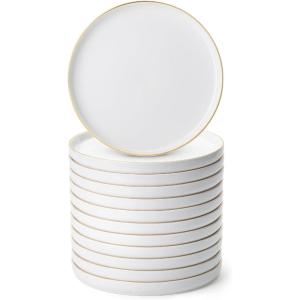 imageBrew To A Tea White Dessert Plates Set of 12 8quot Round Classic Style Porcelain Construction Dessert PlatesWhite with gold rim