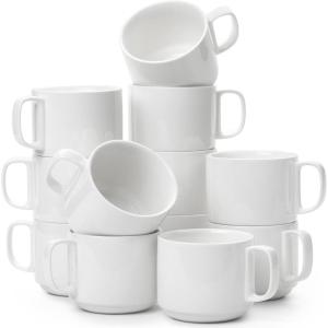 imageWhite Porcelain Stackable Coffee Mugs 12 Pack 12 Oz by Brew To A Tea