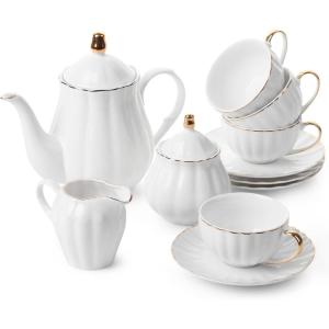 imageBTaT Classic tea set 13 pcs Tea Cups 7oz Tea Pot with Stainless Steel Infuser 32oz Creamer and Sugar Set Porcelain Tea Set White Tea Set Tea Pot Sets with Cups