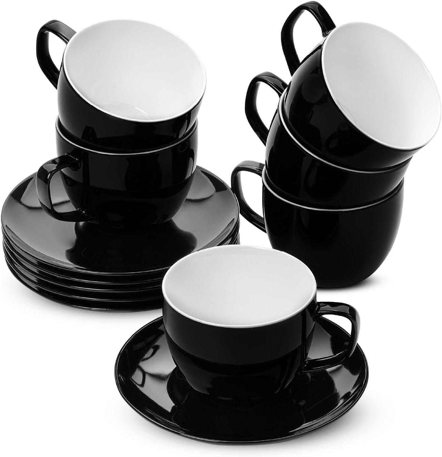 imageBTaT Tea Cups and Saucers Set of 12 8oz Black Porcelain Tea Set for Adults Cappuccino CupsBlack