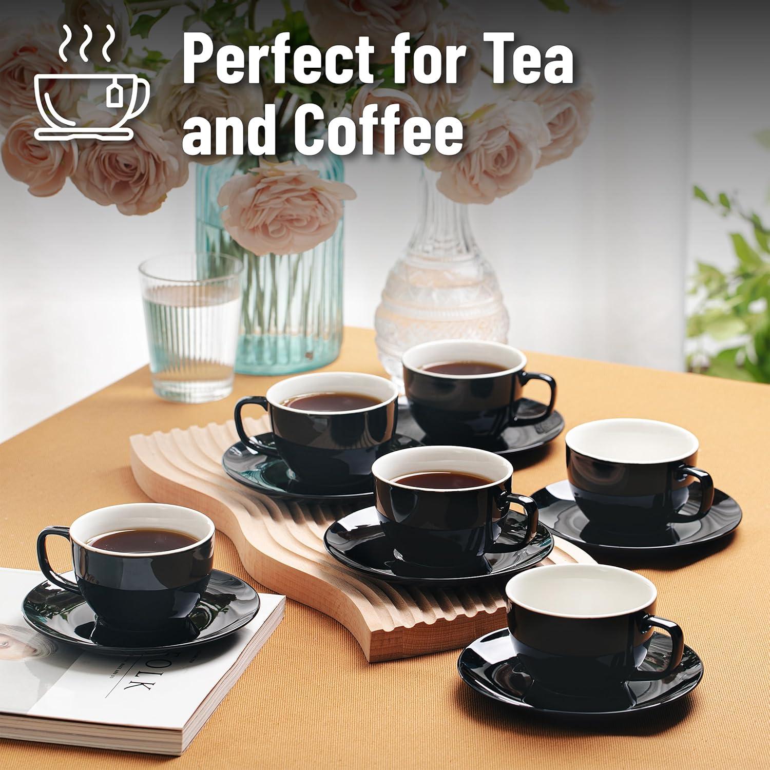 imageBTaT Tea Cups and Saucers Set of 12 8oz Black Porcelain Tea Set for Adults Cappuccino CupsBlack
