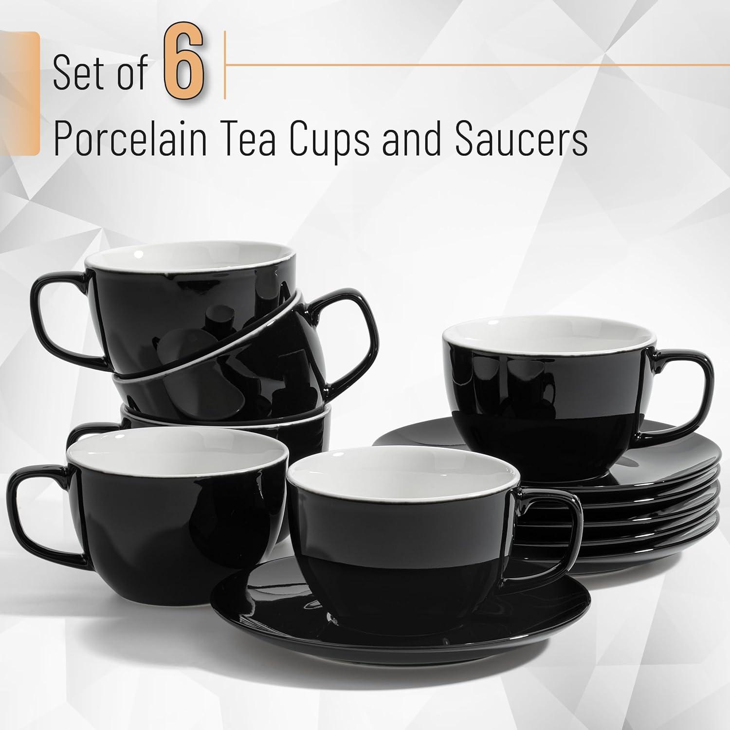 imageBTaT Tea Cups and Saucers Set of 12 8oz Black Porcelain Tea Set for Adults Cappuccino CupsBlack