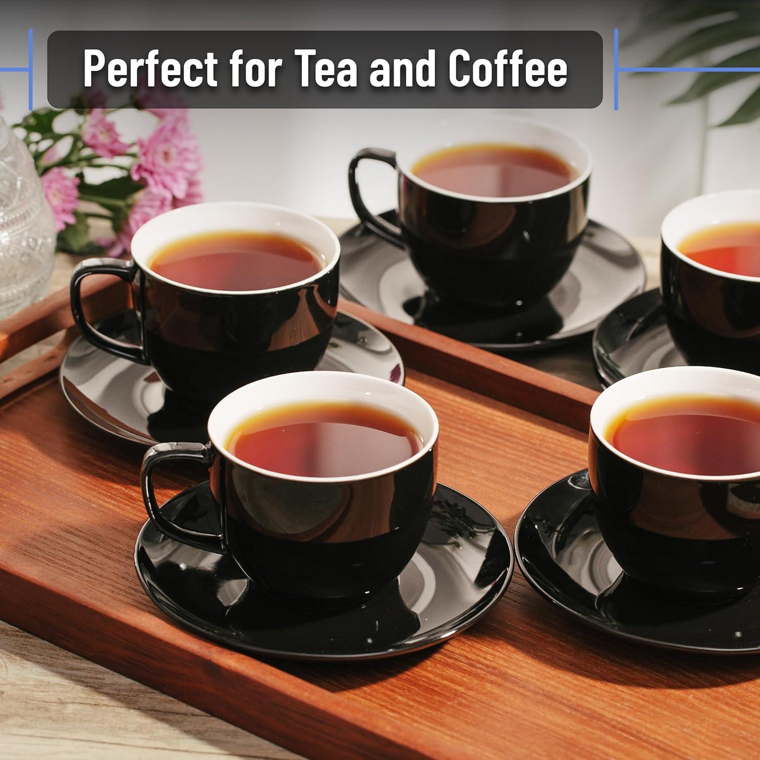 imageBTaT Tea Cups and Saucers Set of 12 8oz Black Porcelain Tea Set for Adults Cappuccino CupsBlack