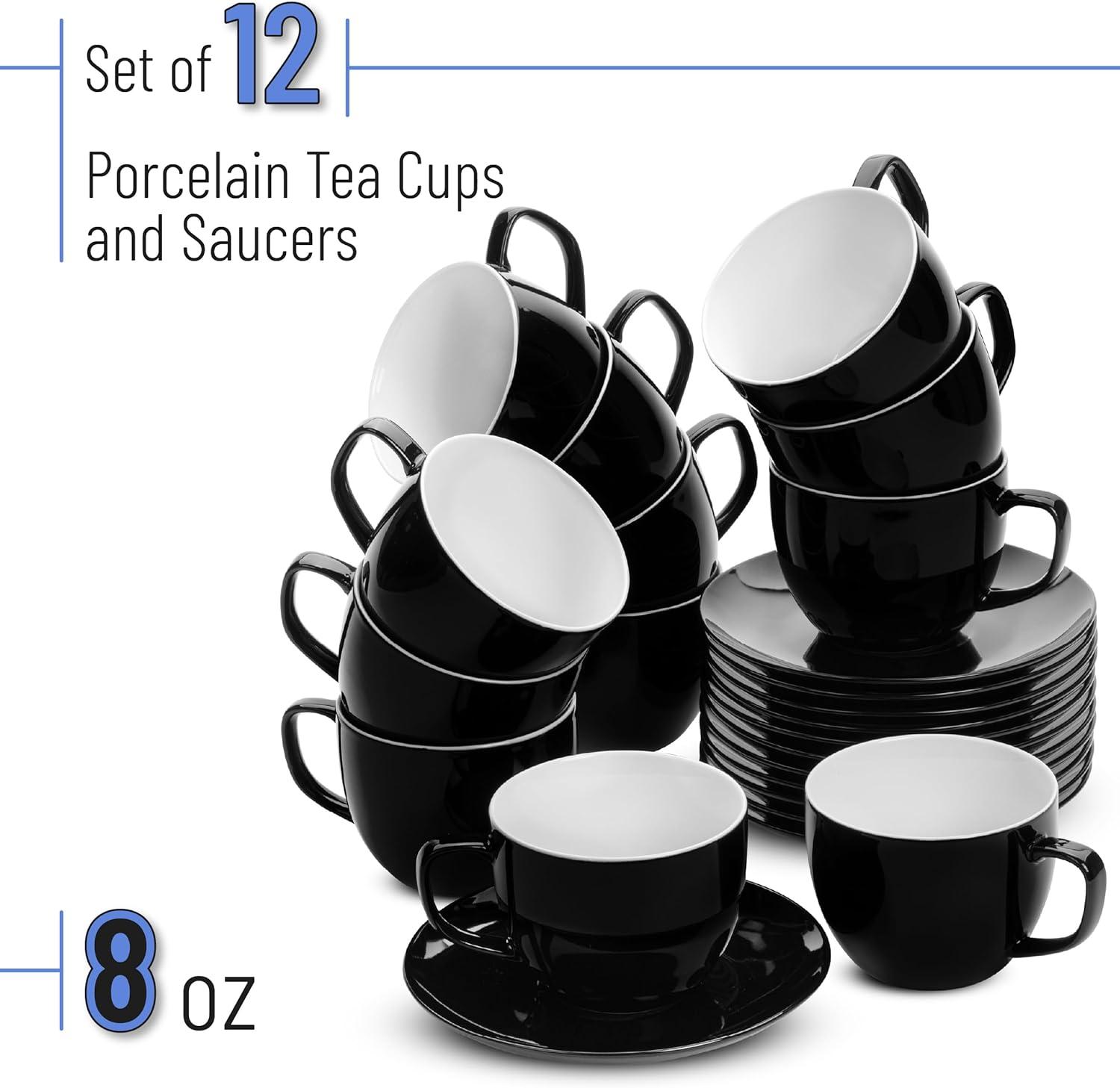 imageBTaT Tea Cups and Saucers Set of 12 8oz Black Porcelain Tea Set for Adults Cappuccino CupsBlack