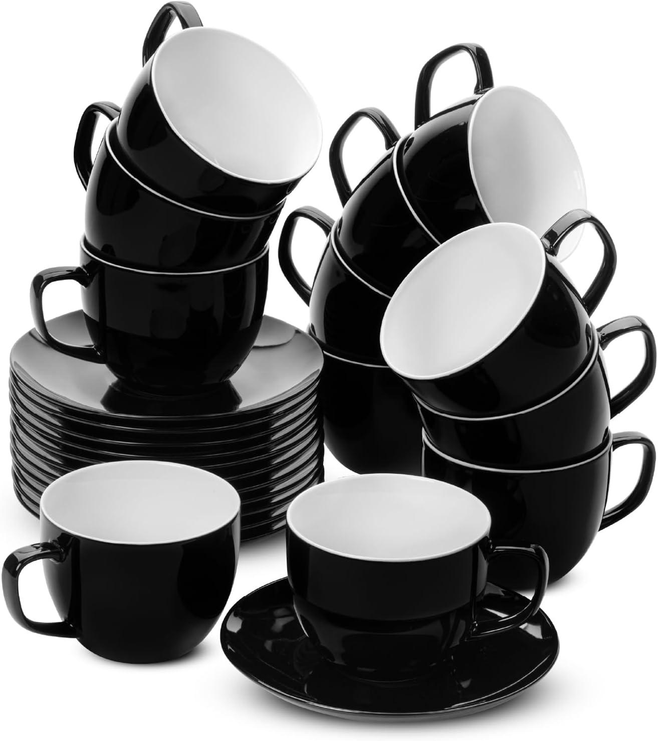 imageBTaT Tea Cups and Saucers Set of 12 8oz Black Porcelain Tea Set for Adults Cappuccino CupsBlack