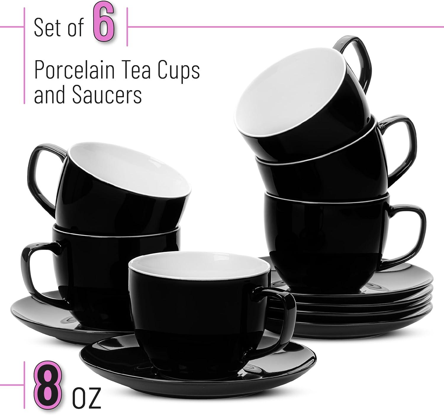 imageBTaT Tea Cups and Saucers Set of 12 8oz Black Porcelain Tea Set for Adults Cappuccino CupsBlack