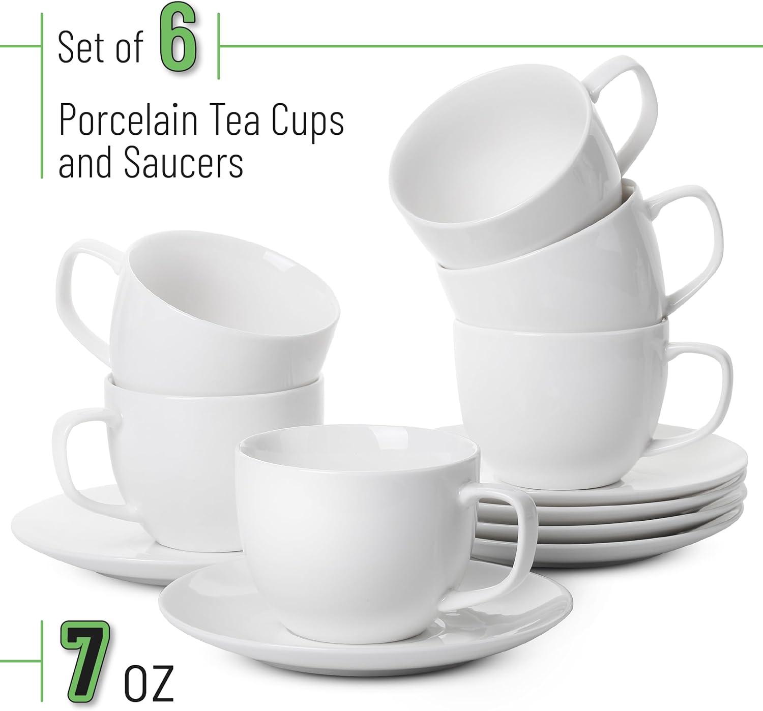 imageBTaT Tea Cups and Saucers Set of 12 8oz Black Porcelain Tea Set for Adults Cappuccino CupsDaisy White