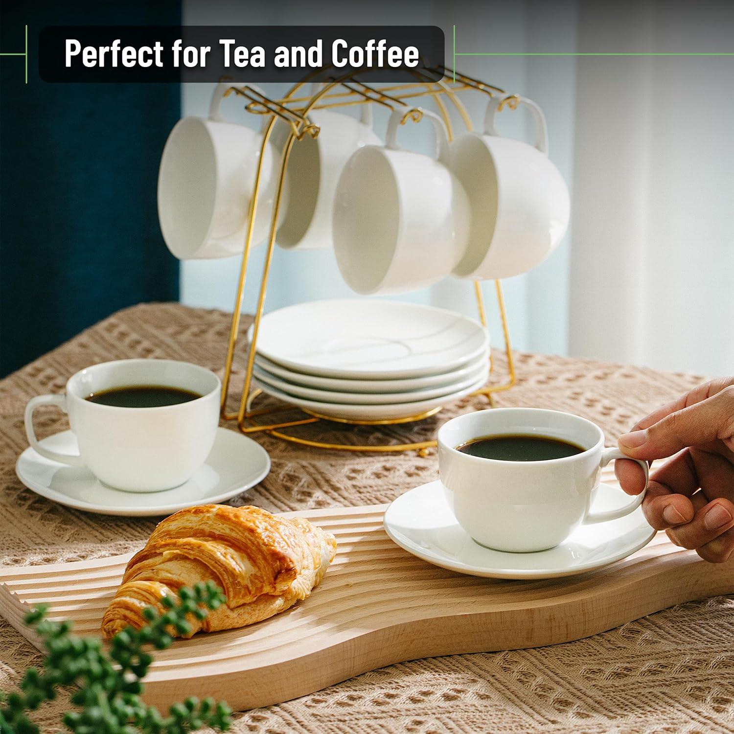 imageBTaT Tea Cups and Saucers Set of 12 8oz Black Porcelain Tea Set for Adults Cappuccino CupsDaisy White