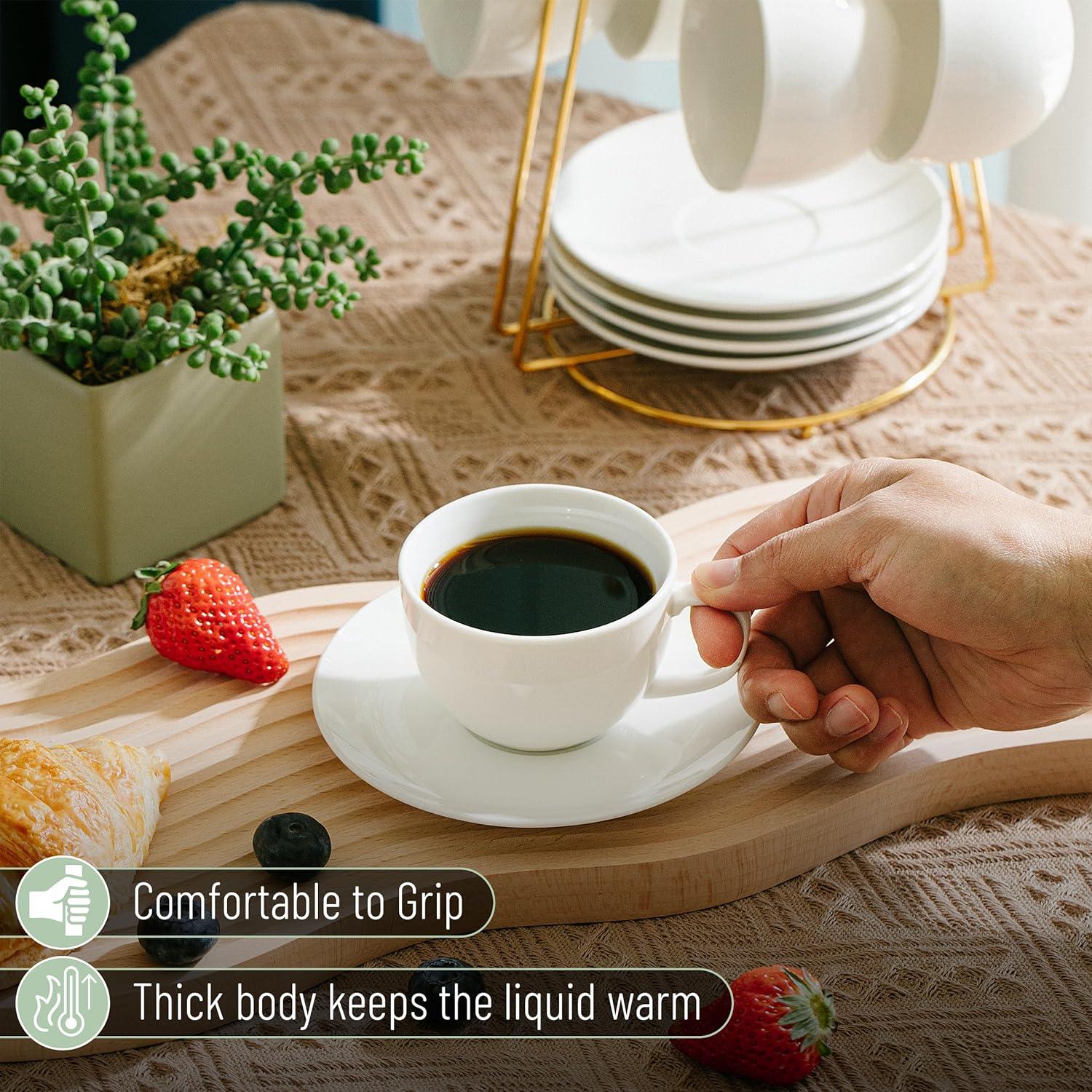 imageBTaT Tea Cups and Saucers Set of 12 8oz Black Porcelain Tea Set for Adults Cappuccino CupsDaisy White
