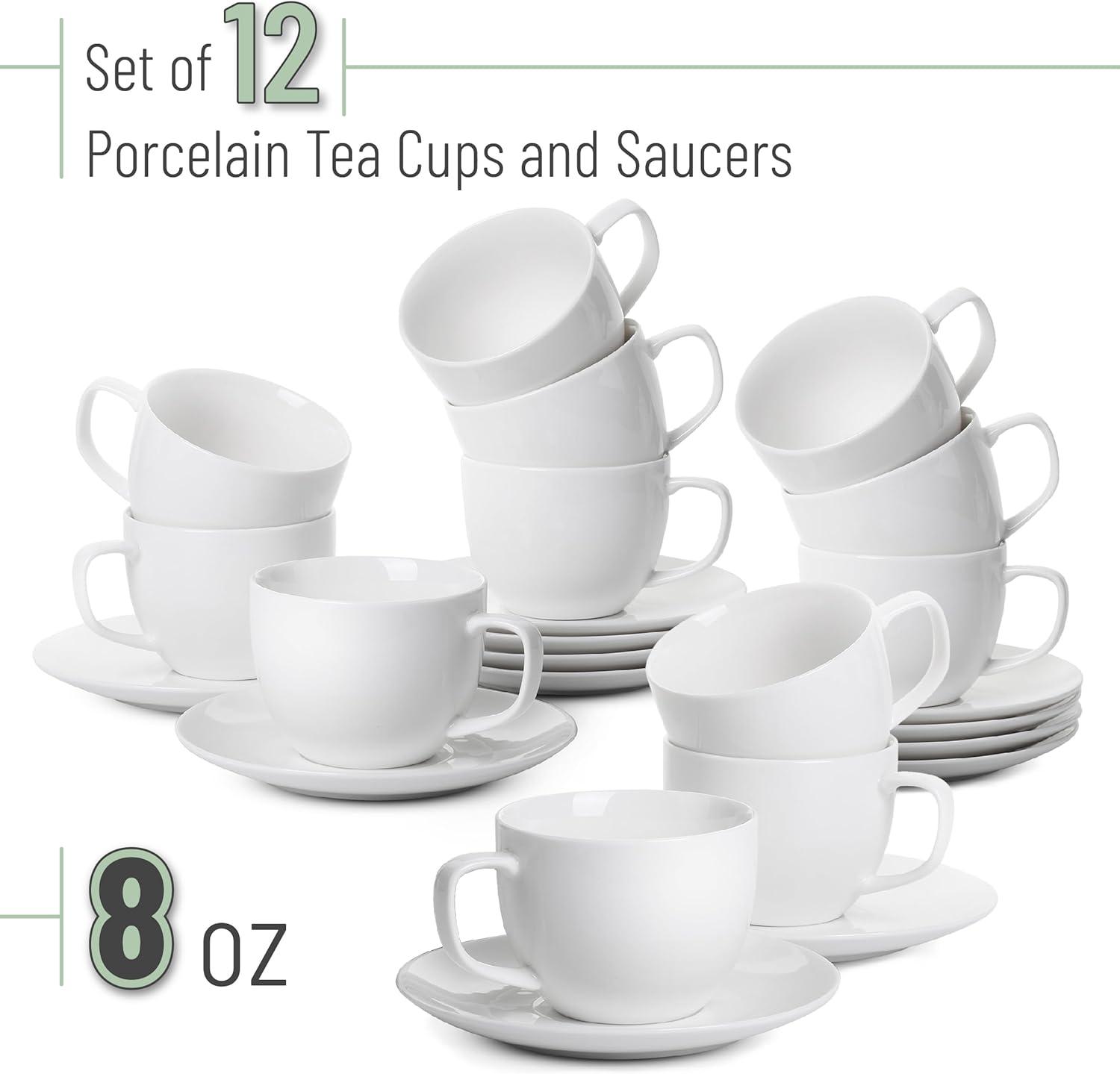 imageBTaT Tea Cups and Saucers Set of 12 8oz Black Porcelain Tea Set for Adults Cappuccino CupsDaisy White