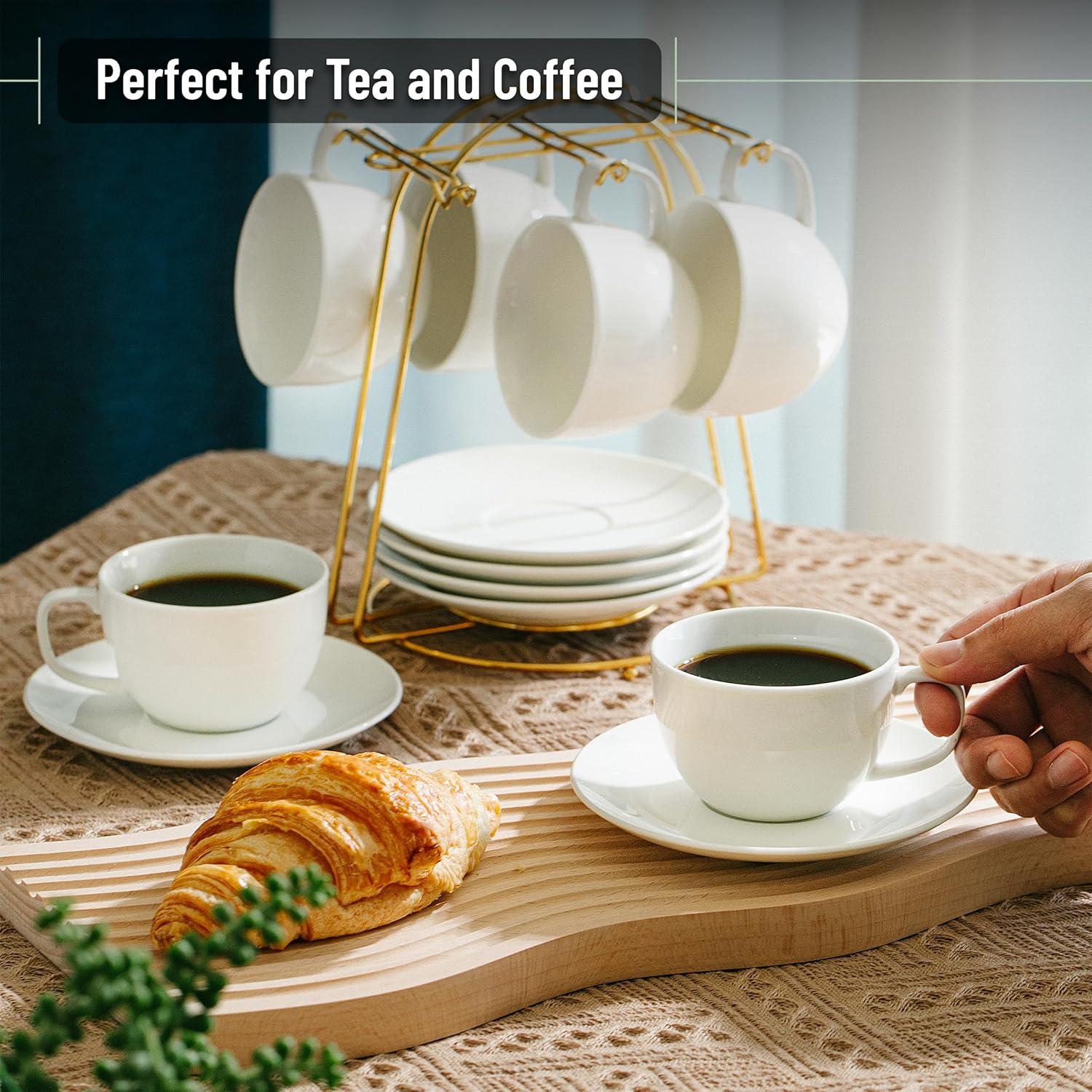 imageBTaT Tea Cups and Saucers Set of 12 8oz Black Porcelain Tea Set for Adults Cappuccino CupsDaisy White