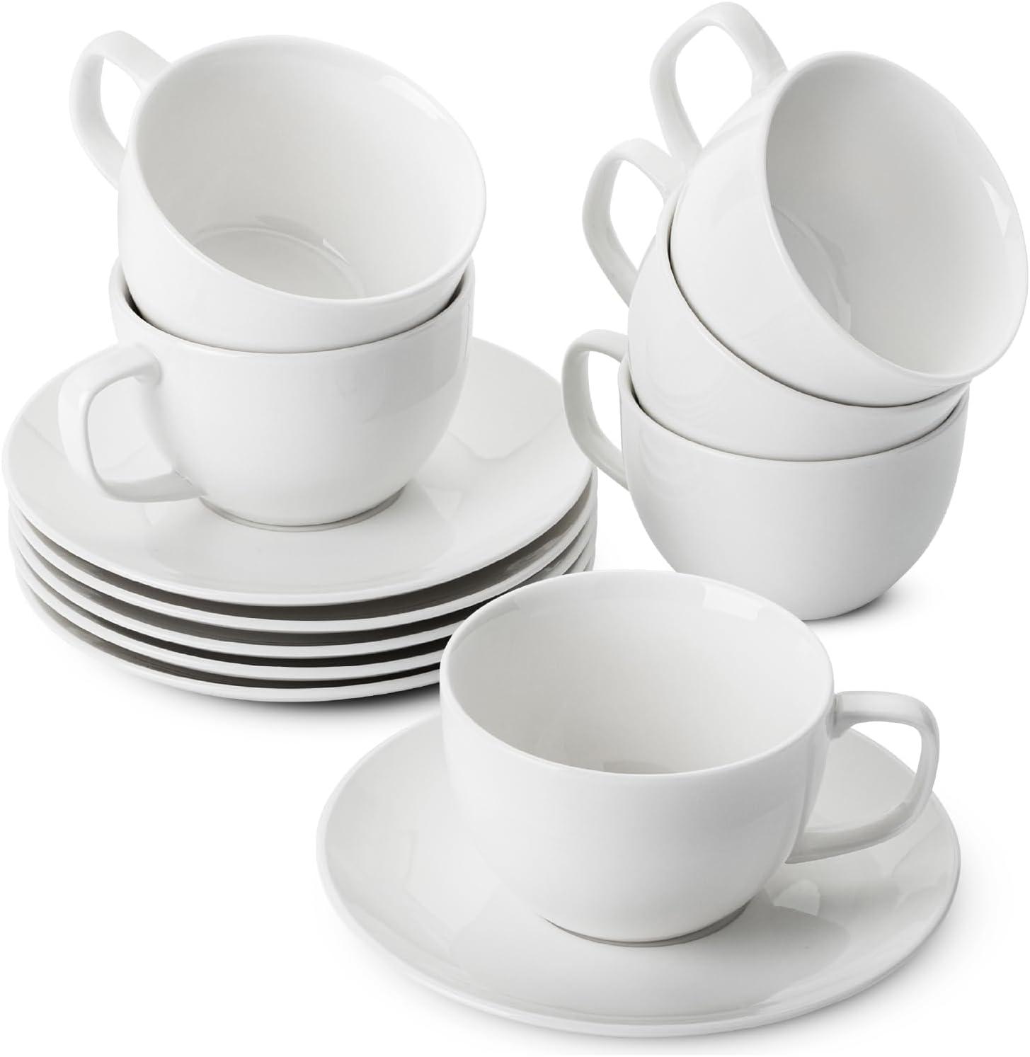 imageBTaT Tea Cups and Saucers Set of 12 8oz Black Porcelain Tea Set for Adults Cappuccino CupsDaisy White