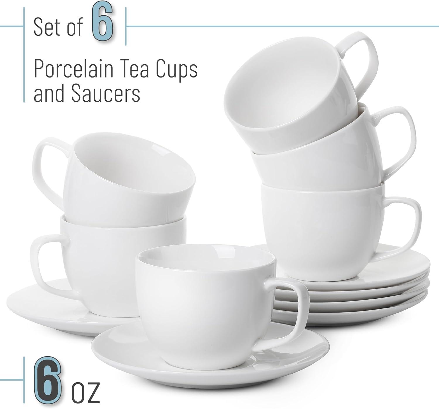 imageBTaT Tea Cups and Saucers Set of 12 8oz Black Porcelain Tea Set for Adults Cappuccino CupsDaisy White