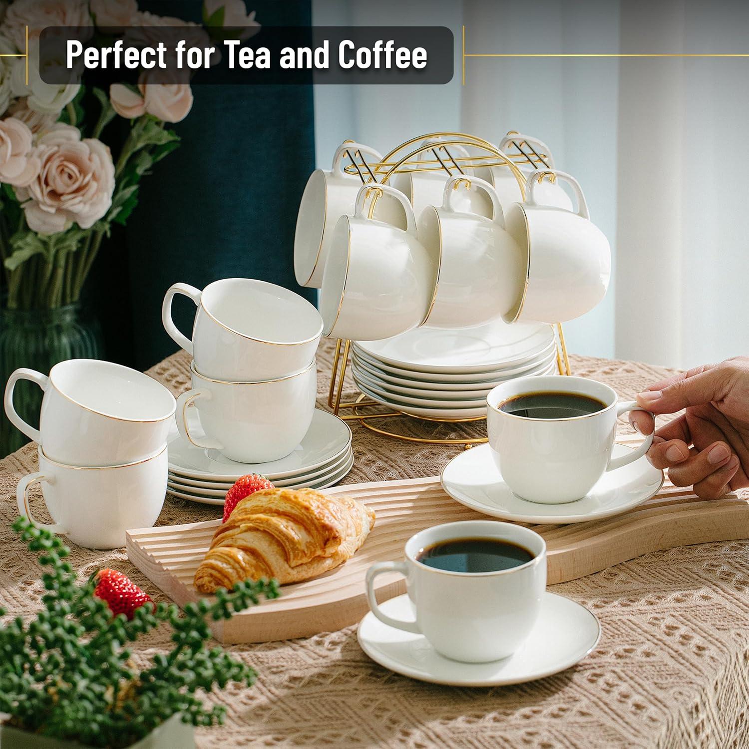 imageBTaT Tea Cups and Saucers Set of 12 8oz Black Porcelain Tea Set for Adults Cappuccino CupsDaisy White with gold trim