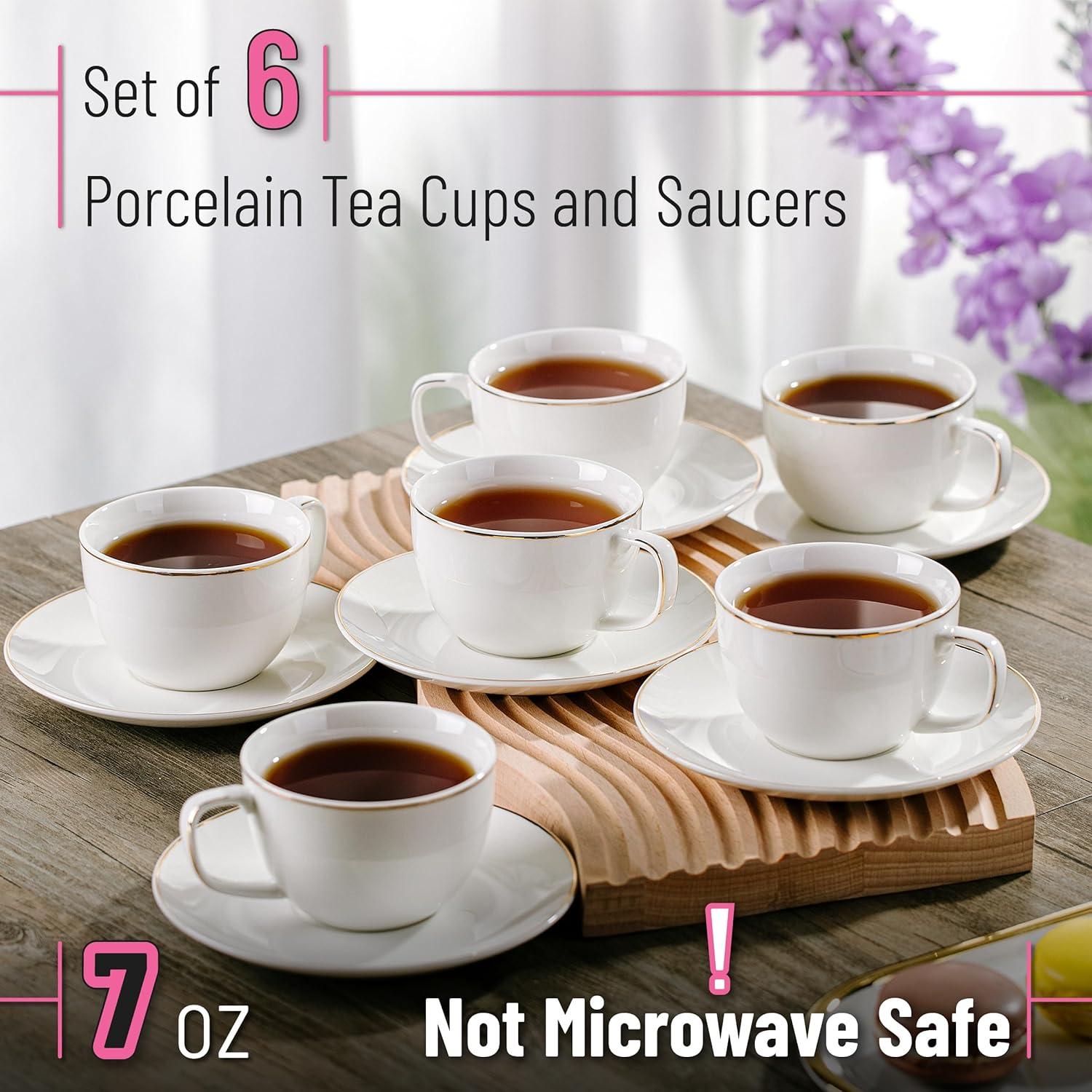 imageBTaT Tea Cups and Saucers Set of 12 8oz Black Porcelain Tea Set for Adults Cappuccino CupsDaisy White with gold trim