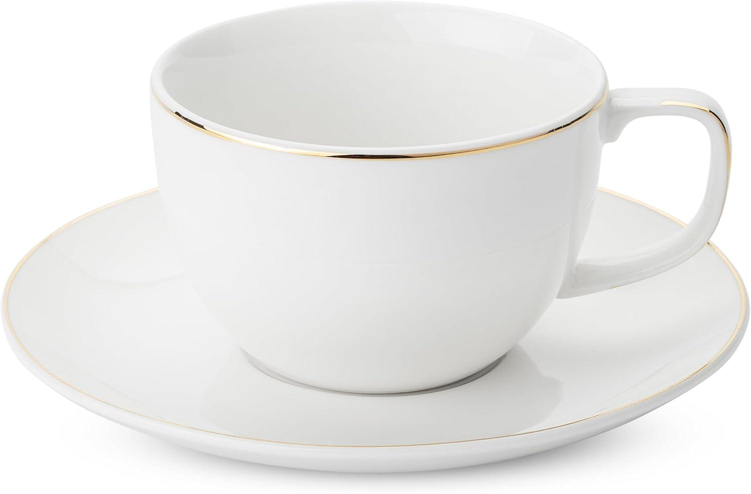 imageBTaT Tea Cups and Saucers Set of 12 8oz Black Porcelain Tea Set for Adults Cappuccino CupsDaisy White with gold trim