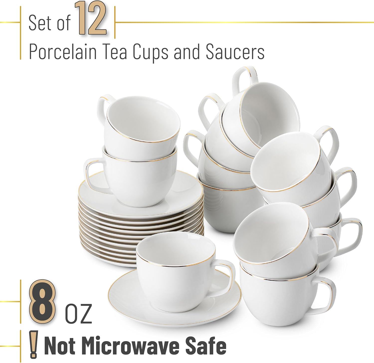 imageBTaT Tea Cups and Saucers Set of 12 8oz Black Porcelain Tea Set for Adults Cappuccino CupsDaisy White with gold trim