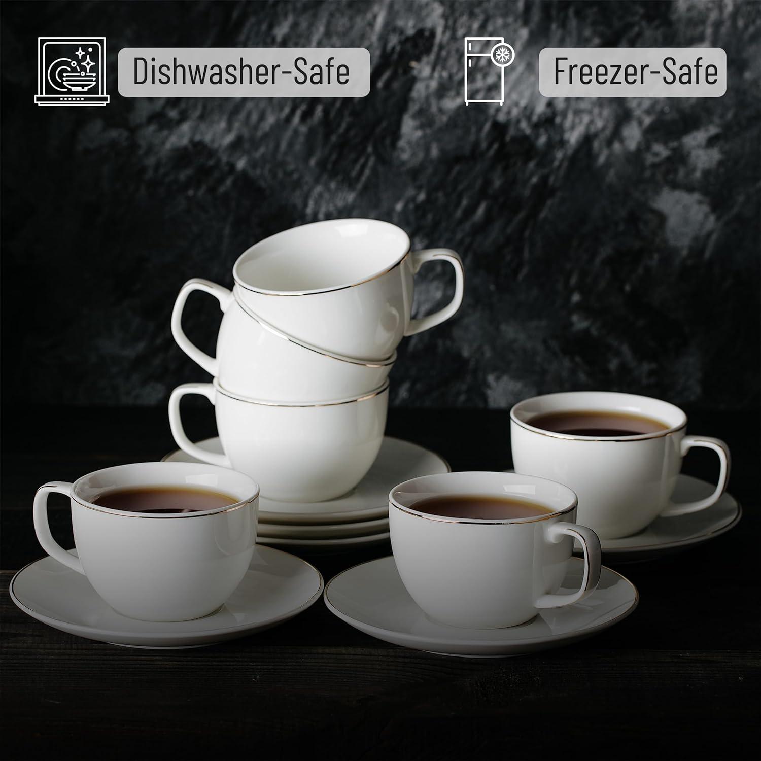 imageBTaT Tea Cups and Saucers Set of 12 8oz Black Porcelain Tea Set for Adults Cappuccino CupsDaisy White with gold trim