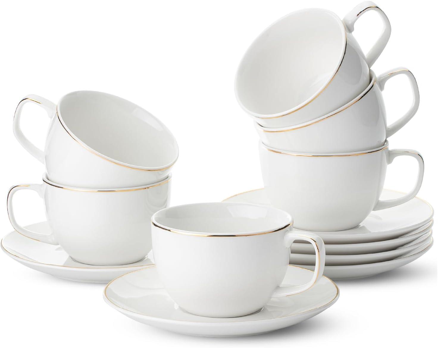 imageBTaT Tea Cups and Saucers Set of 12 8oz Black Porcelain Tea Set for Adults Cappuccino CupsDaisy White with gold trim
