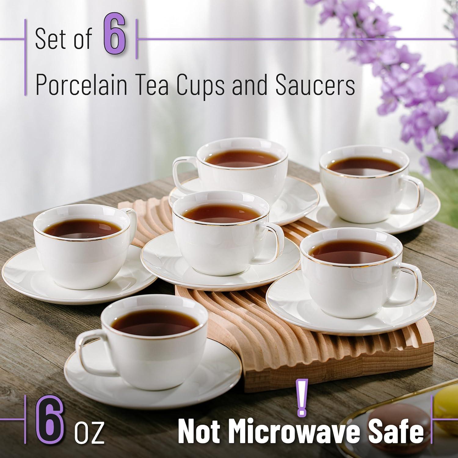 imageBTaT Tea Cups and Saucers Set of 12 8oz Black Porcelain Tea Set for Adults Cappuccino CupsDaisy White with gold trim