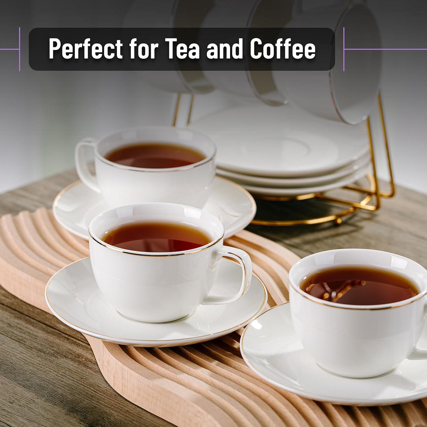 imageBTaT Tea Cups and Saucers Set of 12 8oz Black Porcelain Tea Set for Adults Cappuccino CupsDaisy White with gold trim