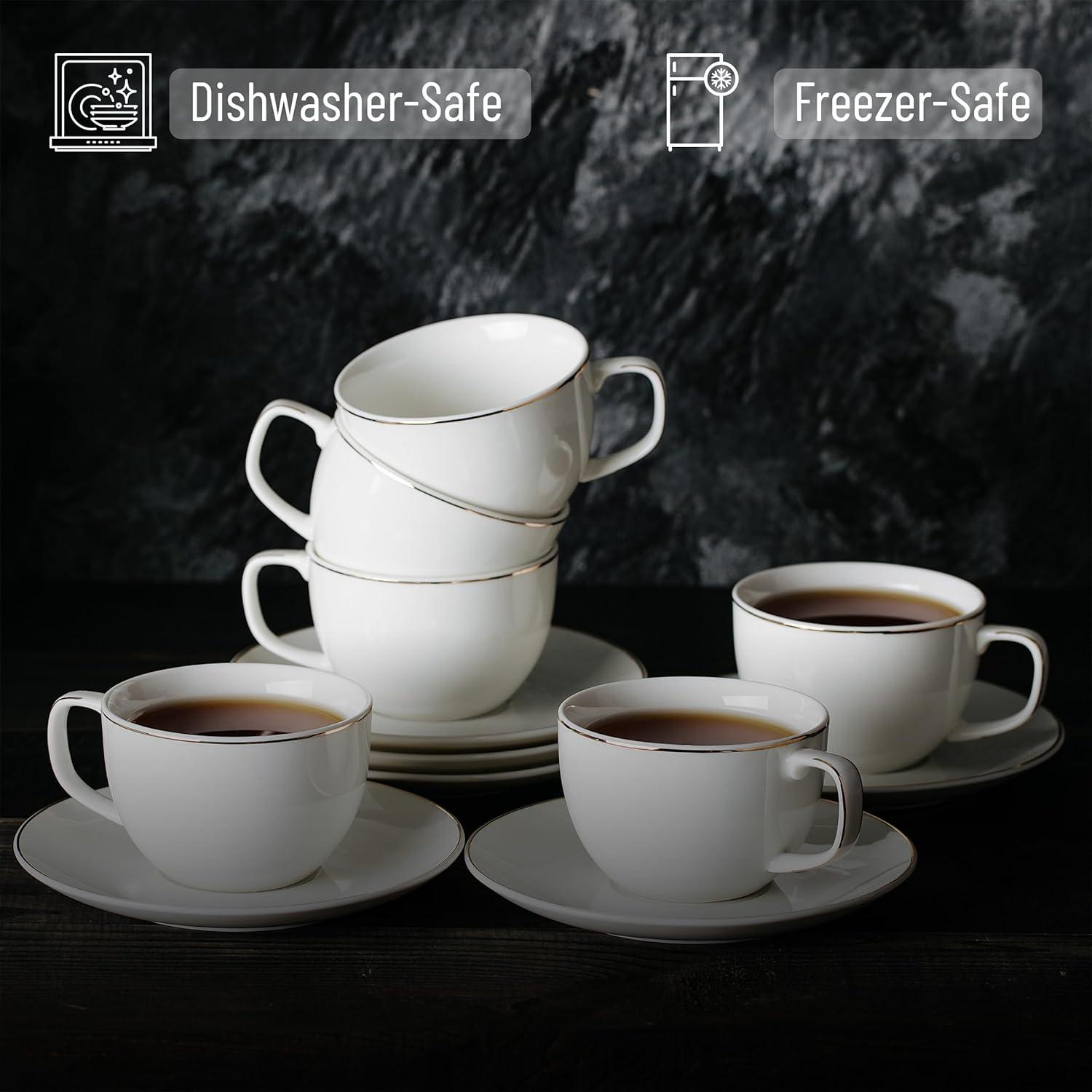 imageBTaT Tea Cups and Saucers Set of 12 8oz Black Porcelain Tea Set for Adults Cappuccino CupsDaisy White with gold trim