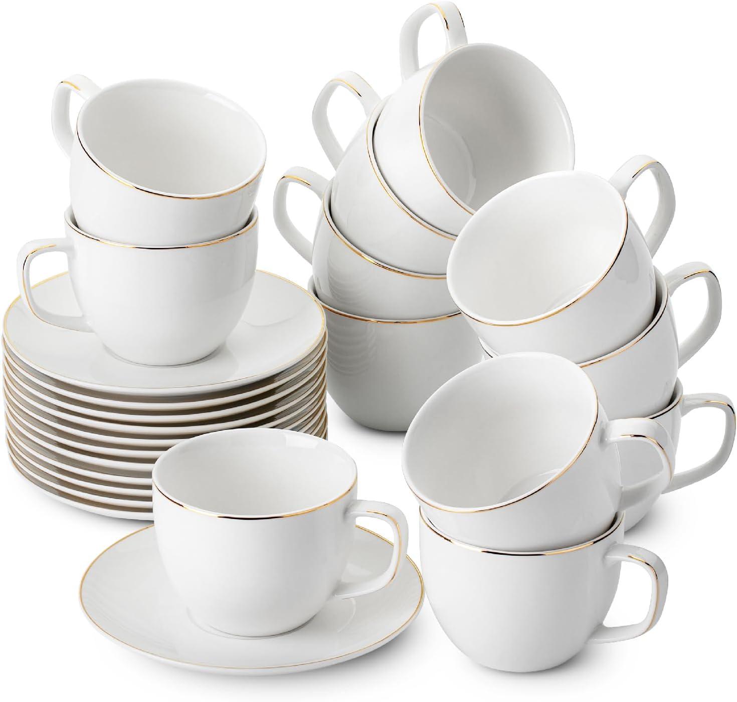 imageBTaT Tea Cups and Saucers Set of 12 8oz Black Porcelain Tea Set for Adults Cappuccino CupsDaisy White with gold trim