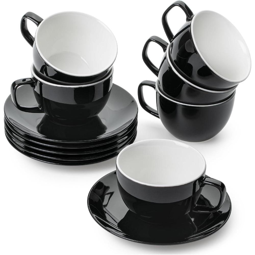 imageBTaT Tea Cups and Saucers Set of 12 8oz Black Porcelain Tea Set for Adults Cappuccino CupsBlack