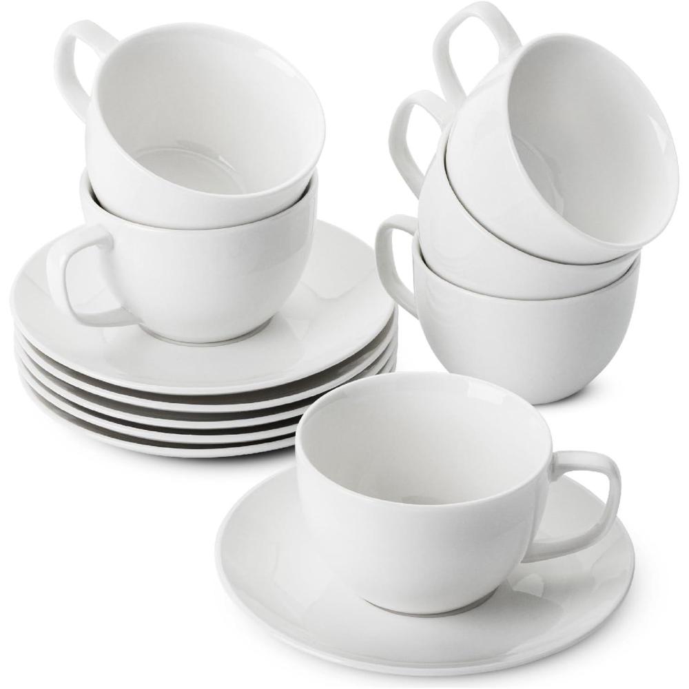 imageBTaT Tea Cups and Saucers Set of 12 8oz Black Porcelain Tea Set for Adults Cappuccino CupsDaisy White