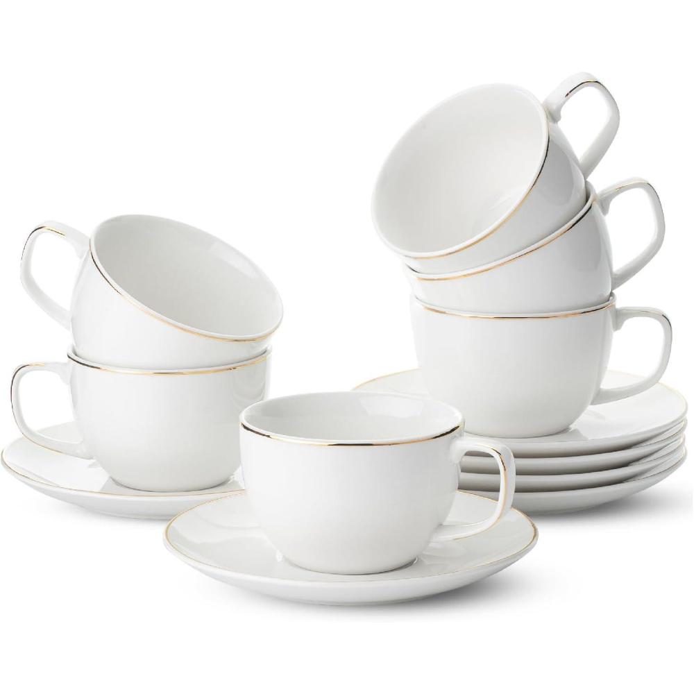 imageBTaT Tea Cups and Saucers Set of 12 8oz Black Porcelain Tea Set for Adults Cappuccino CupsDaisy White with gold trim