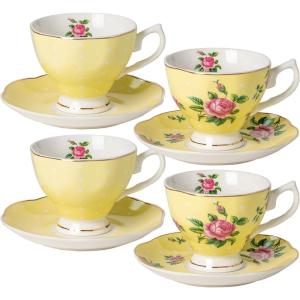 imageBTaT Floral Tea Cups and Saucers Set of 8 8 oz Multicolor with Gold Trim and Gift Box