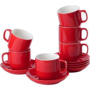 image:imageBTaT Stackable Coffee Cups with Saucers Set of 6 8 Ounce Red Porcelain Cappuccino Cups for Coffee Drinks Cappuccino Latte Espresso Americano and Tea Microwave amp Dishwasher SafeRed