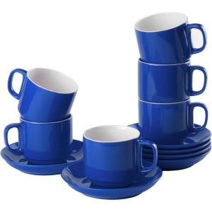 image:imageBTaT Stackable Coffee Cups with Saucers Set of 6 8 Ounce Red Porcelain Cappuccino Cups for Coffee Drinks Cappuccino Latte Espresso Americano and Tea Microwave amp Dishwasher SafeNavy Blue