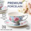image:imageBTaT Floral Tea Cups and Saucers Set of 6 8 oz Fine Porcelain Teacup Set with Gold Trim for Afternoon Tea Weddings Parties amp Gifting Dishwasher SafeBlue