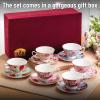 image:imageBTaT Floral Tea Cups and Saucers Set of 6 8 oz Fine Porcelain Teacup Set with Gold Trim for Afternoon Tea Weddings Parties amp Gifting Dishwasher SafeMulticolor with Gift Box