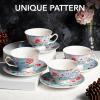 image:imageBTaT Floral Tea Cups and Saucers Set of 6 8 oz Fine Porcelain Teacup Set with Gold Trim for Afternoon Tea Weddings Parties amp Gifting Dishwasher SafeBlue