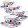 image:imageBTaT Floral Tea Cups and Saucers Set of 6 8 oz Fine Porcelain Teacup Set with Gold Trim for Afternoon Tea Weddings Parties amp Gifting Dishwasher SafeBlue