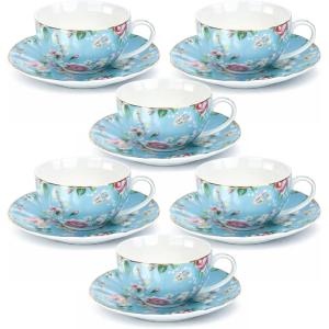 image:imageBTaT Floral Tea Cups and Saucers Set of 6 7 oz Fine Porcelain Teacup Set with Gold Trim for Afternoon Tea Weddings Parties amp Gifting Dishwasher Safe and Freezer SafeBlue and Pink